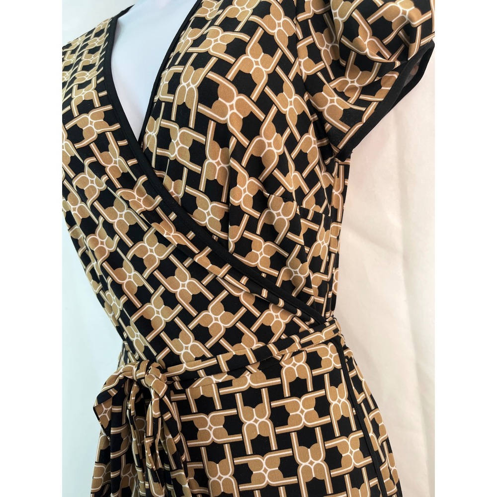Women's Geometric Wrap Midi Dress Short Puff Sleeves S Secretary 50's Church - Picture 7 of 13
